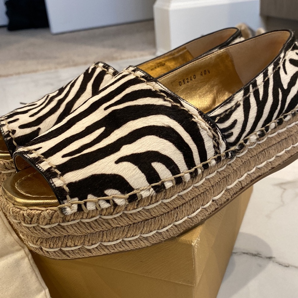 Prada Zebra Print Calf Hair Platform Espadrille Wedge Sandals Size 10.5 - Picture 7 of 9